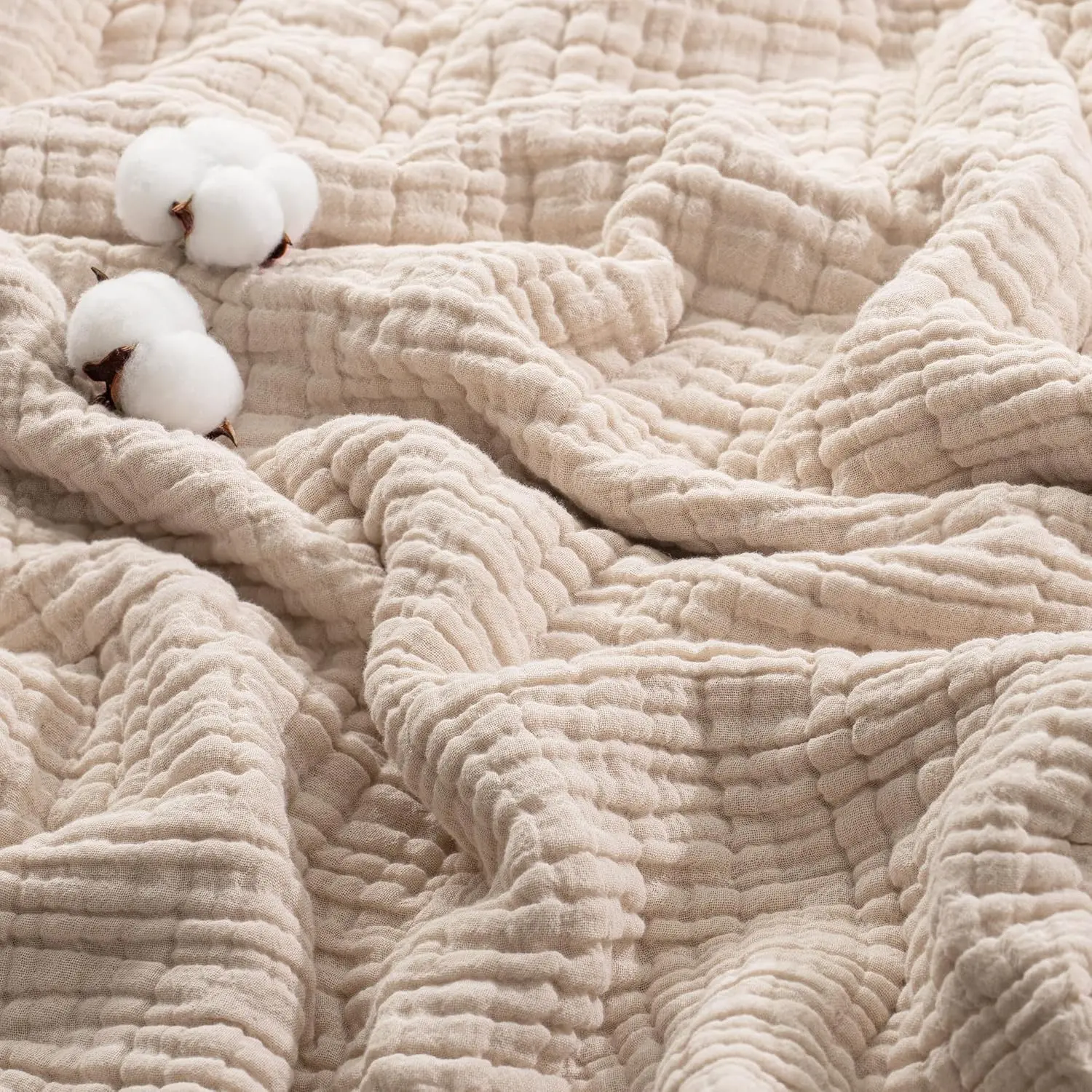 100% Cotton Muslin Blanket Queen Size for Bed, Khaki | 6-Layer Lightweight, Breathable Gauze Muslin Blanket for Adults, Soft and Cozy Bedspread Coverlet, Home Decor, 90x90 Inches