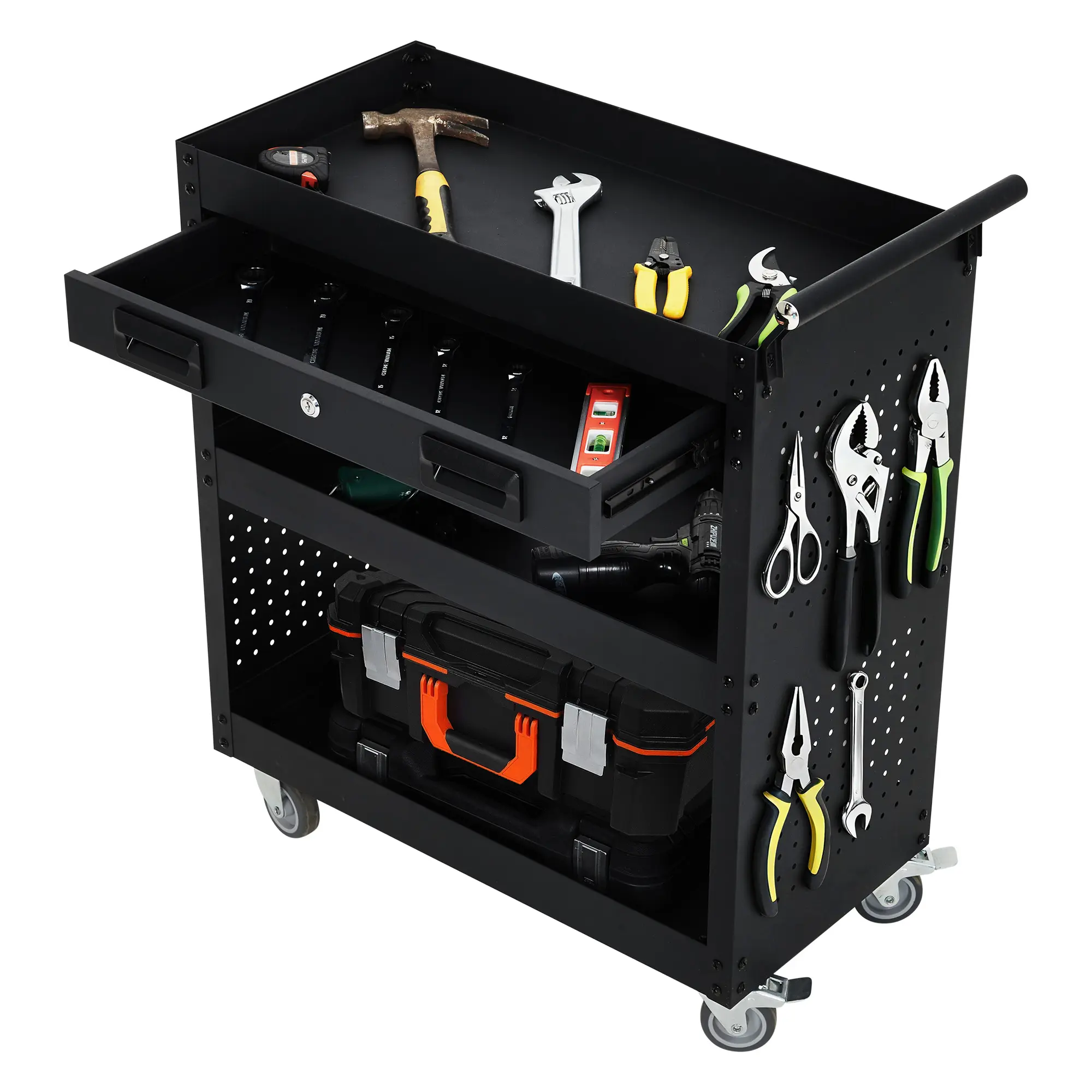 Heavy Duty Steel Rolling Tool Cart – 27 Inch, 3 Tiers, Drawer, Locking Casters, Mobile Organizer for Garage, Workshop, Warehouse, Office – Durable Tool Storage Cabinet