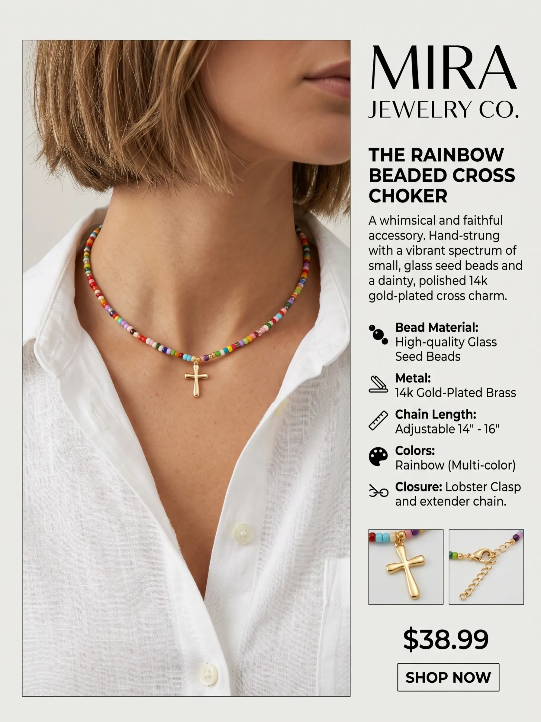Original Bohemian Beaded Cross Pendant Necklace, Elegant Chain & Link Design, All over Print, Suitable for All Seasons
