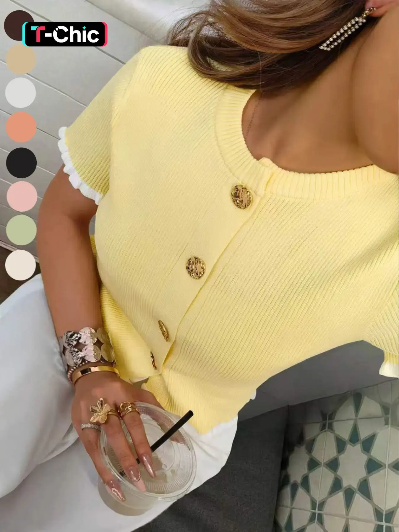 Women's Summer Knitted Top with Button Detail, Cream Casual Basic Short-Sleeve Round-Neck Top, Elegant Casual Wear for Dates & Daily Wear, Knitwear, Womenswear, Knitting