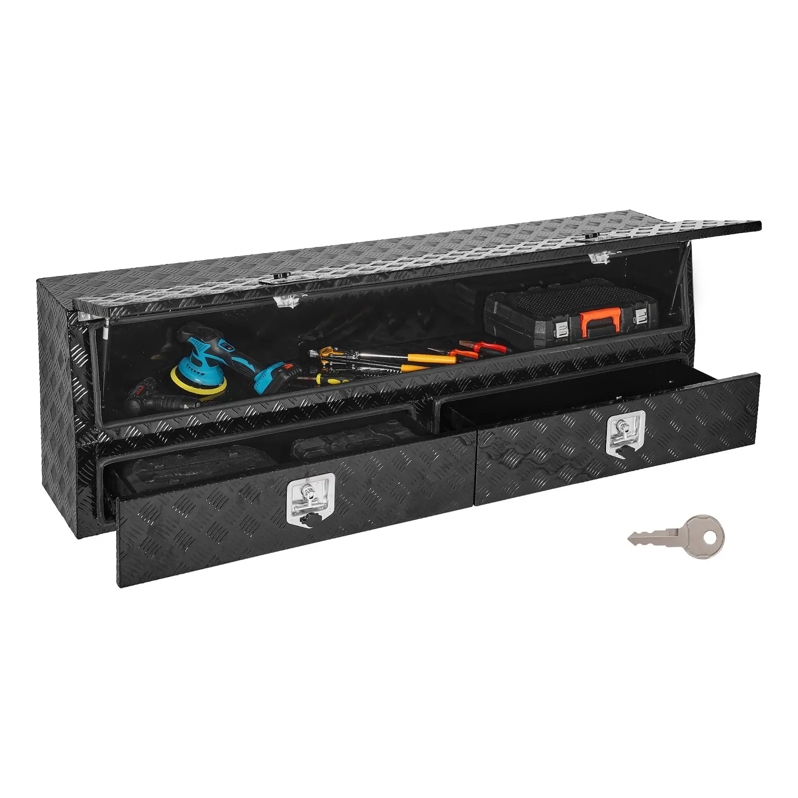VEVOR Metal Large-Capacity Truck Bed Tool Box, 72x21x13 In Black Tread Aluminum TopSider, 2 Lower Drawers, Flip-Up Door, J-Hooks, Lockable Latch, Anti-Theft Protection, Weather-Resistant Heavy-Duty (98.11 lbs) for Pickups, Easy Detachment