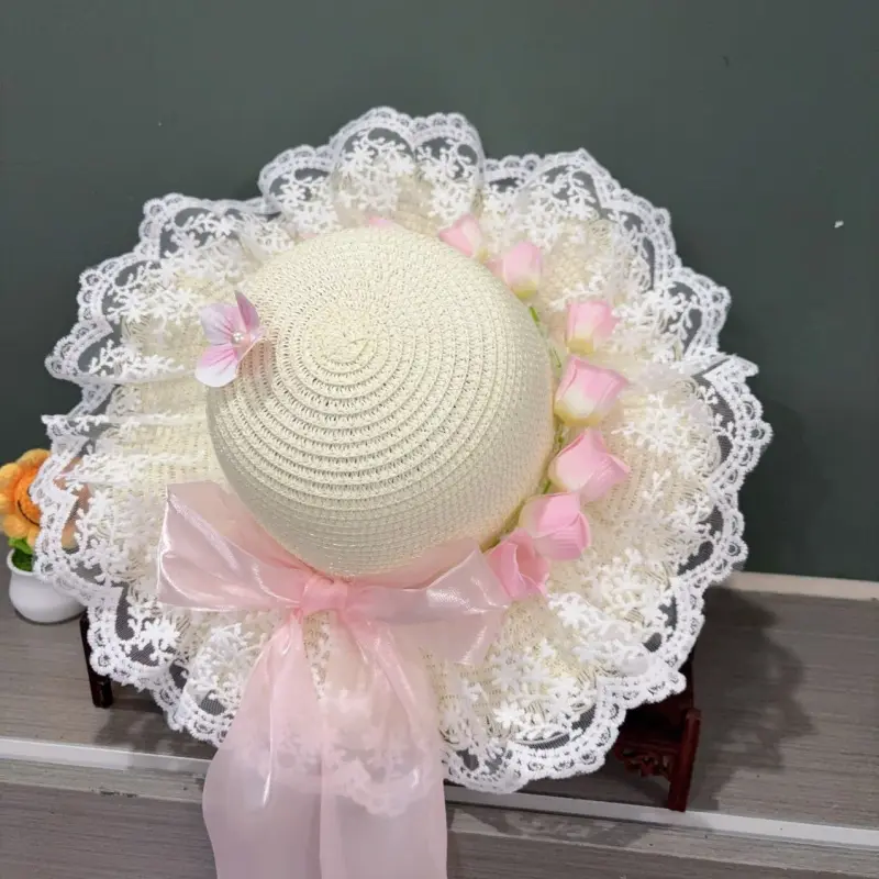 Springtime Floral Pastoral Pink Princess Hat for Girls with Large Bow, Original Straw Hat for Parent-Child Outings