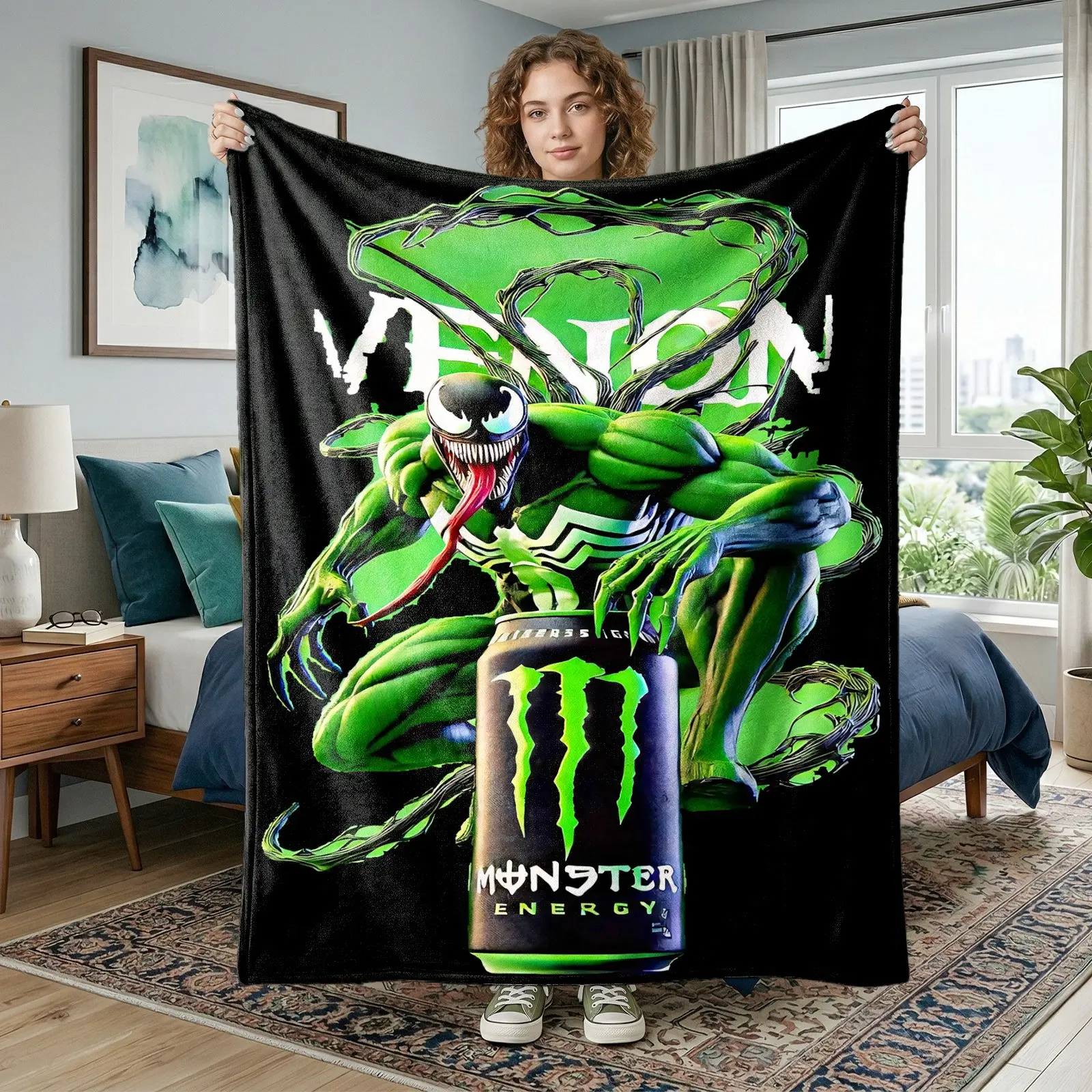 1pc Venom Monster Energy Themed Fleece Blanket, Green Venom Figure, Energy Drink Can & Black Tentacles All-Over Print, Dark Trendy Street Style. Soft Multi-use Throw for Sofa, Bed, Office, Camping, Perfect Christmas Gift.