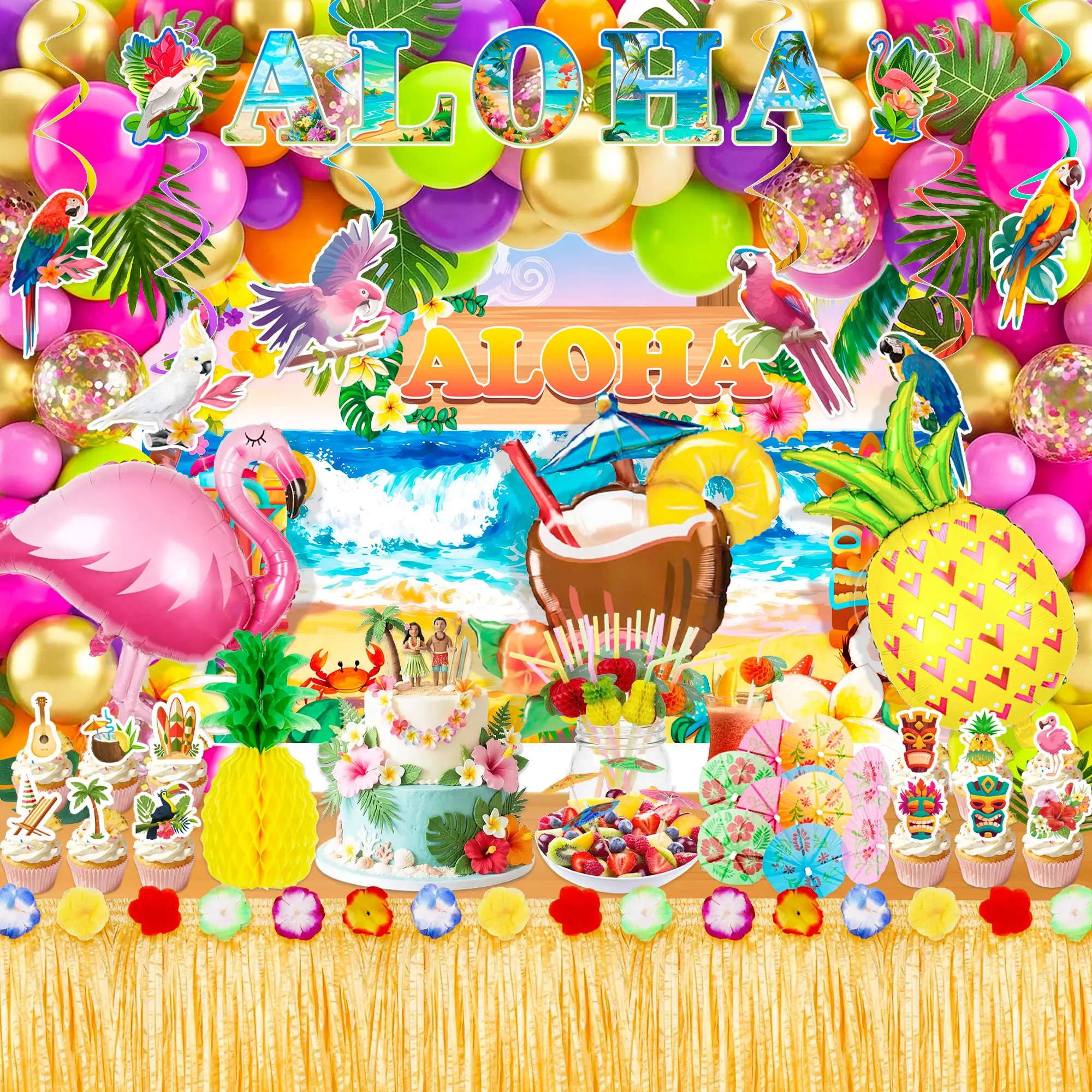 Hawaiian Luau Party Decoration Set, 139 Piece Tropical Aloha Birthday Decor, Includes Cupcake Toppers, Banners, Backdrop, Balloons