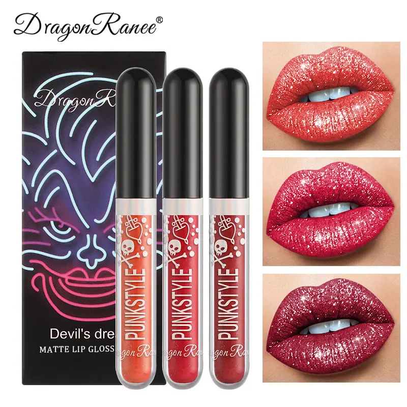 3pcs Halloween Sparkling Lipstick Set Boxes, Pearl Sparkling Non Stick Cup Sparkling Purple Lipstick Glaze Set, Suitable for Stage Halloween Gothic Makeup