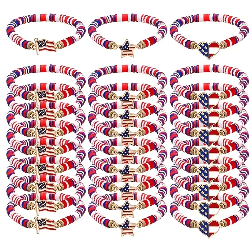 Bracelets for Women 24-Pack, Retro Bohemian USA Flag Polymer Clay Stretch Bracelet Set, Red White Blue Beads for 4th of July & Parties