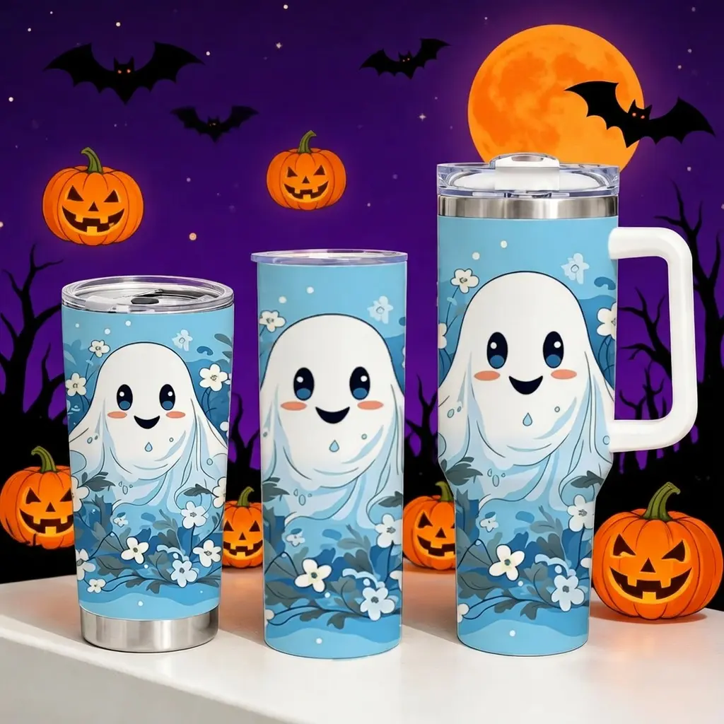 40oz Halloween Cute Ghost Floral Stainless Steel Insulated Tumbler with Handle & Lid, Portable Wide Mouth Vacuum Flask, Aesthetic Cartoon Travel Mug with Straw, Trendy Gift for Women (Fits Ice Cubes for Hot & Cold Drinks), Flasks, Printed