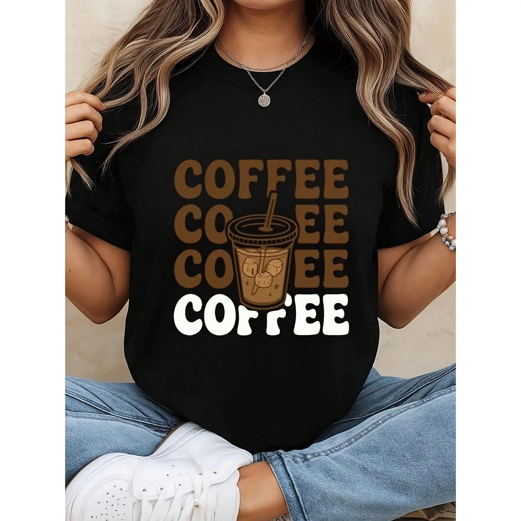 100% Cotton Short-Sleeve T-Shirt - Unisex Loose-Fitting Funny Coffee Full Print Pull-On Top for Baristas, Round Neck Casual Knitted Soft Lightweight Daily Wear Sports Top