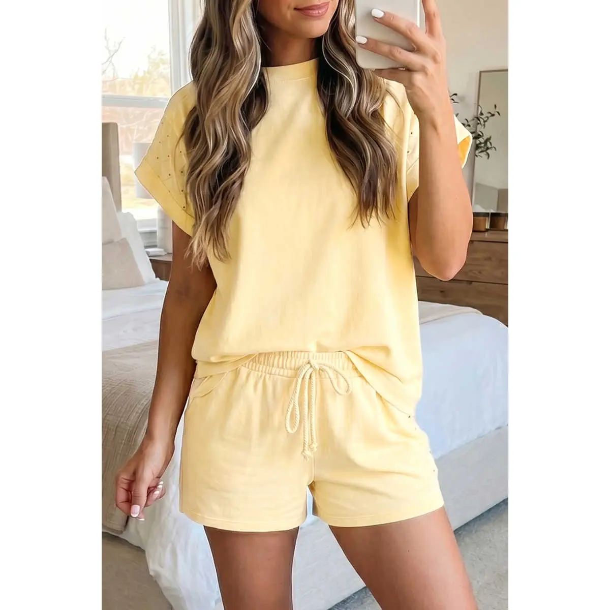 Yellow  Eyelet Lace Patchwork Sleeve Short 2pcs Outfit