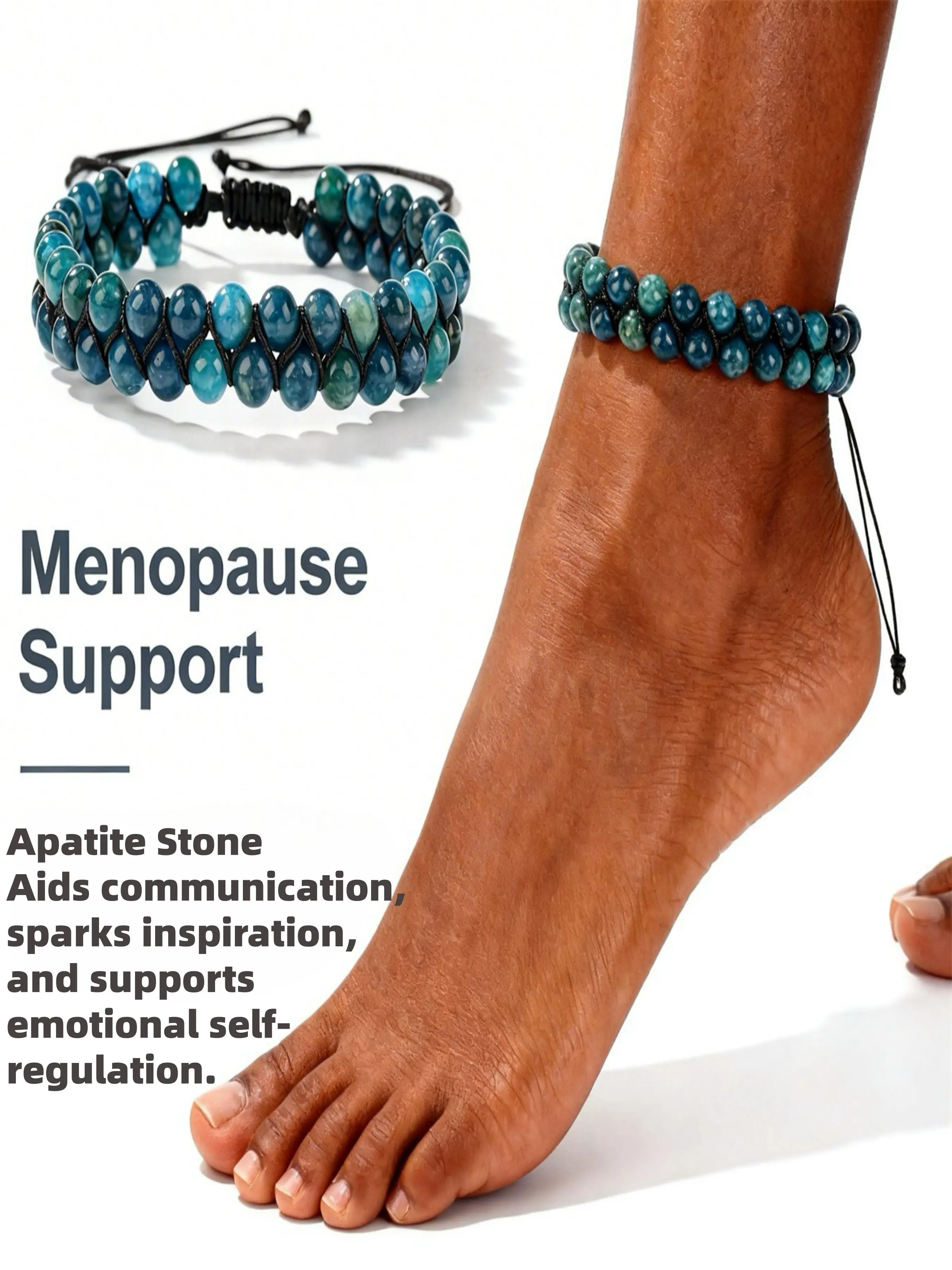 Natural Apatite Menopause Support Anklet & Bracelet, Ankle Bracelets, Hand-Woven Adjustable Blue Crystal Jewelry, Spiritual Accessory for Women