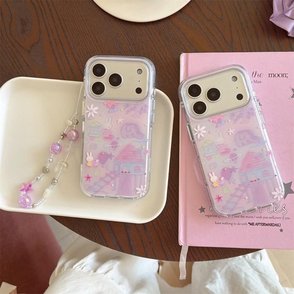Cute Rabbit phone case With Chain For iPhone 17 16 Pro 13 14 15 Pro Max Korean INS fashion cartoon protective cover For 17 Pro
