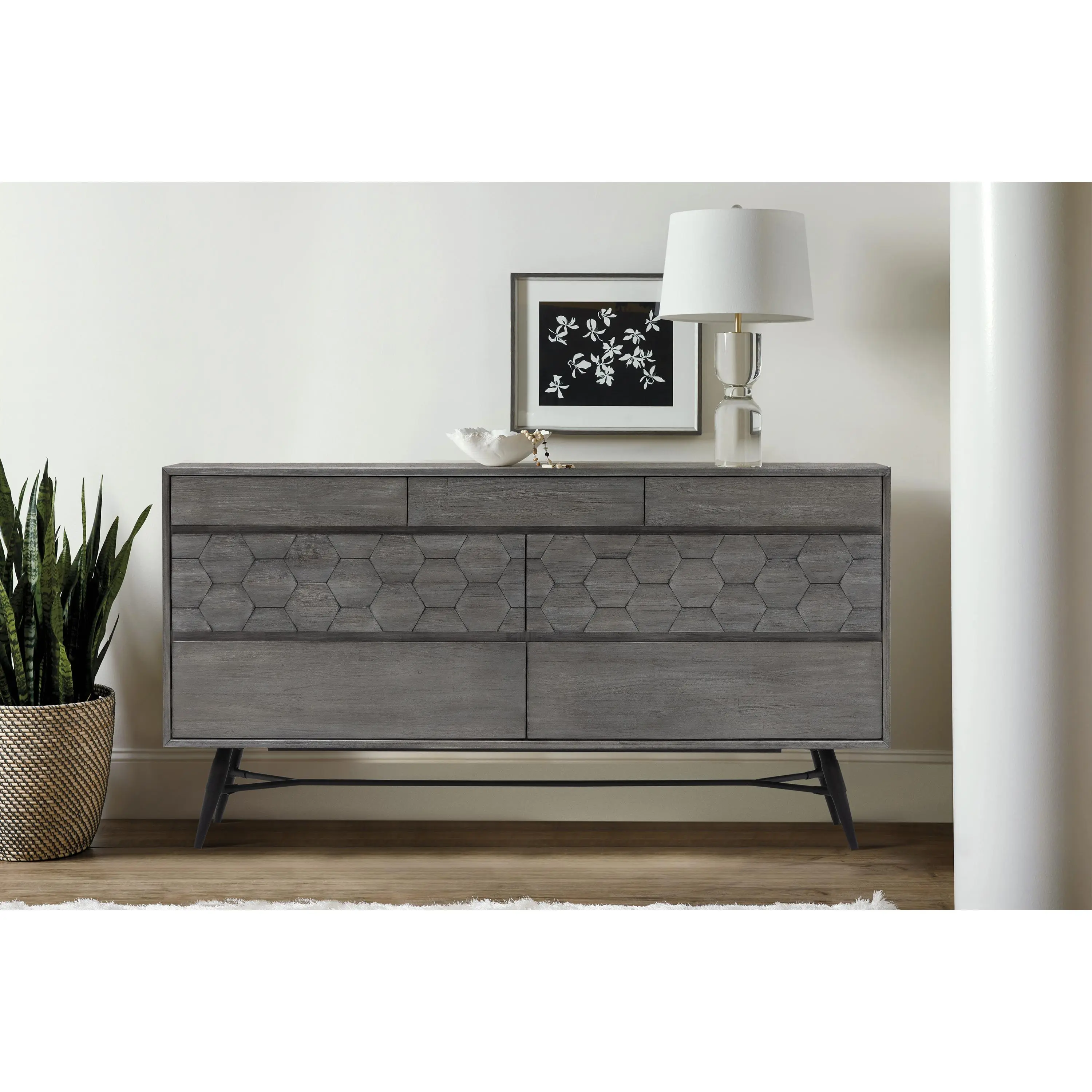 ARCH Makena 6 Drawer Dresser in Gray Acacia Wood, Bedroom Storage Cabinet with Six Spacious Drawers, Sturdy Wooden Chest for Clothes, Linens, Toys, Living Room, Hallway, Entryway Organizer, Natural Finish, 1 Unit, Bedroom Storage Organizer