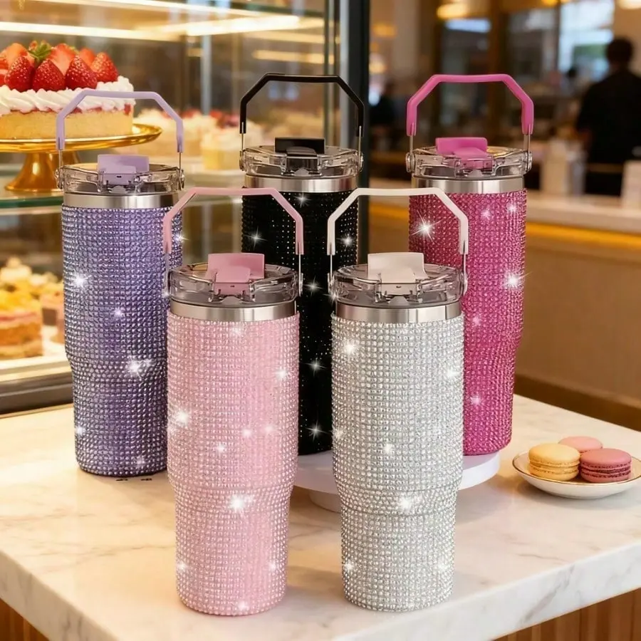 30 Oz Double-Layer Stainless Steel Insulated Cup With Leak Proof Lid And Straw Hole - Vacuum Insulated Cup Suitable For Hot And Cold Drinks, 30oz Hand-Held Diamond Cup, Travel, Office, Camping, Car - Elegant Sparkling Beverage Gift For Women/Men