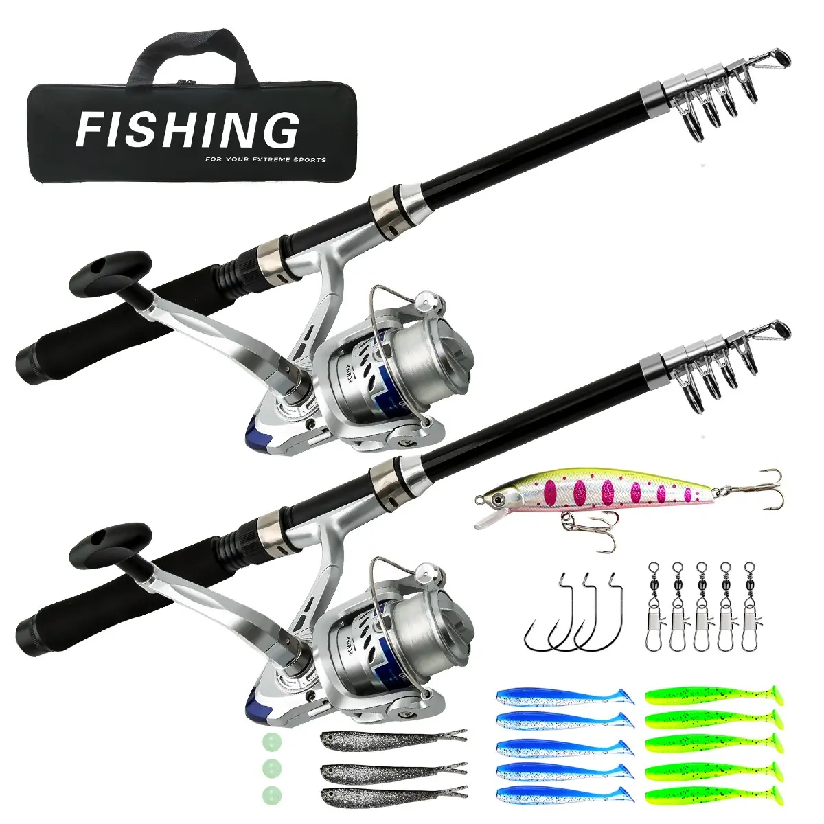 Outdoor Reel Fishing Rod Set, Silver Metal Finish, Two Foldable Portable Rods, Pre-Threaded Spool, Multiple Lure Accessories