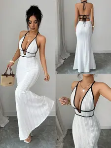 Women's Halter Neck Sleeveless Maxi Dress with Contrast Trim, Deep V Neck Backless Tie Up Mermaid Dress, Chic Elegant Trendy Bodycon Long Dress for Wedding Guest, Cocktail Parties, Summer Beach Vacation and Date Night