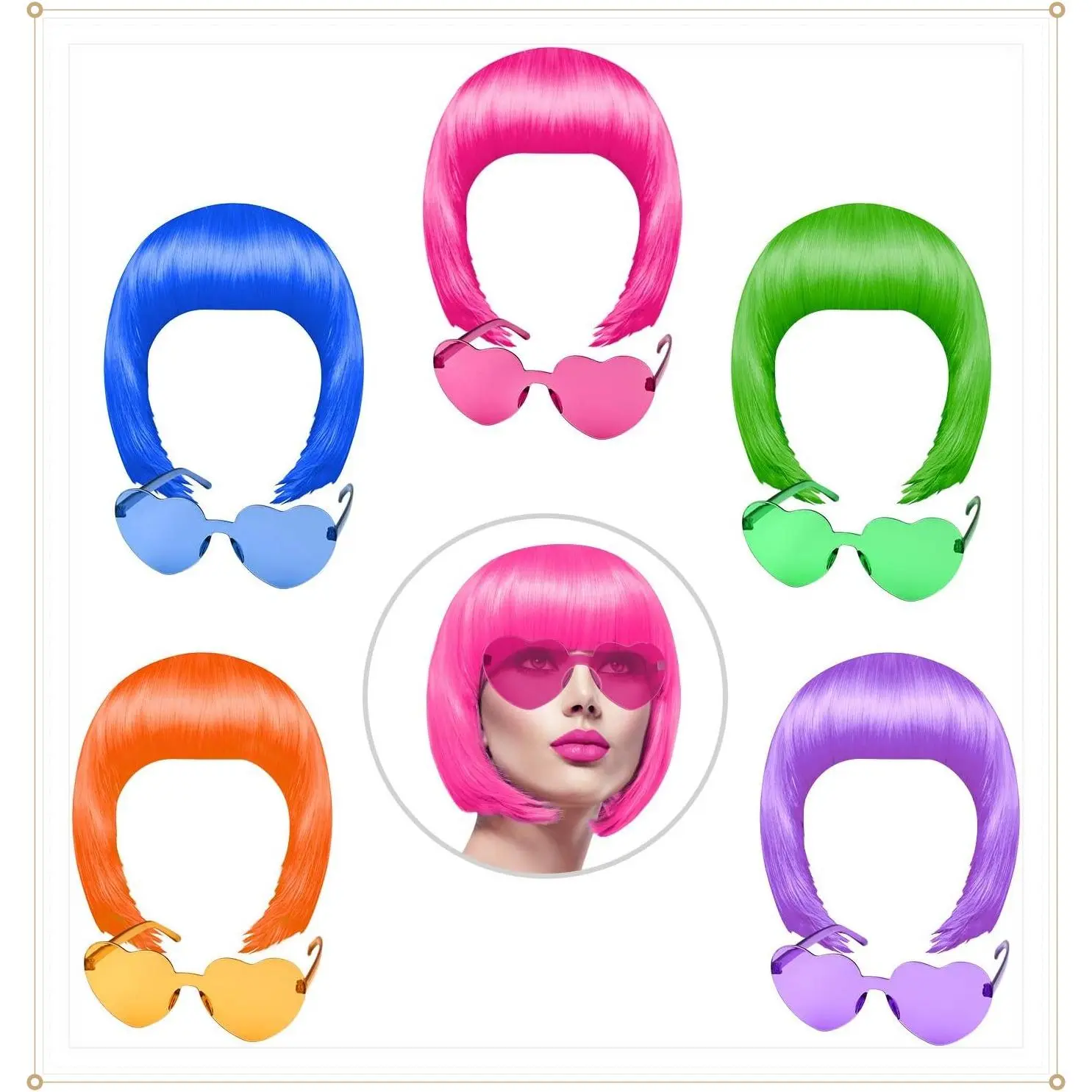 10 Pieces Party Wigs and Sunglasses Set, 5 Colors | Neon Short Bob Wig Sunglass Pack Costume, Colorful Cosplay Wig, Daily Party Hairpieces, Bachelorette Neon Party FavorsGift