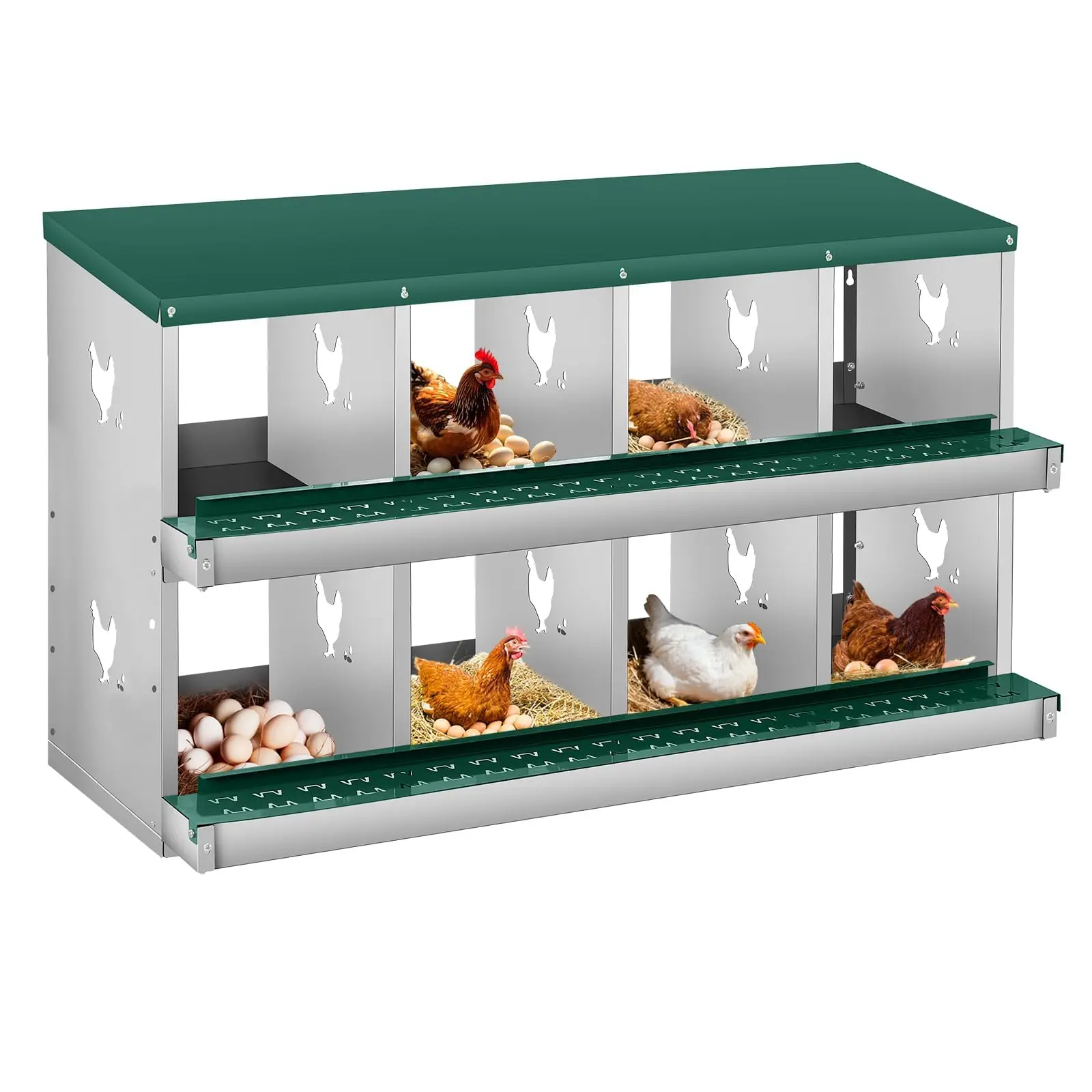 1 8-Compartment Waterproof Heavy Duty Galvanized Steel Chicken Nesting Box, Poultry Laying Coop with 10 Moisture-Proof Laying Mats, 4 Dummy Eggs, 2-Way Easy Wall-Mount or Ground Installation for Hens, Ducks, Geese, 1 X 8-Compartment Nesting Box, 10 X Mois