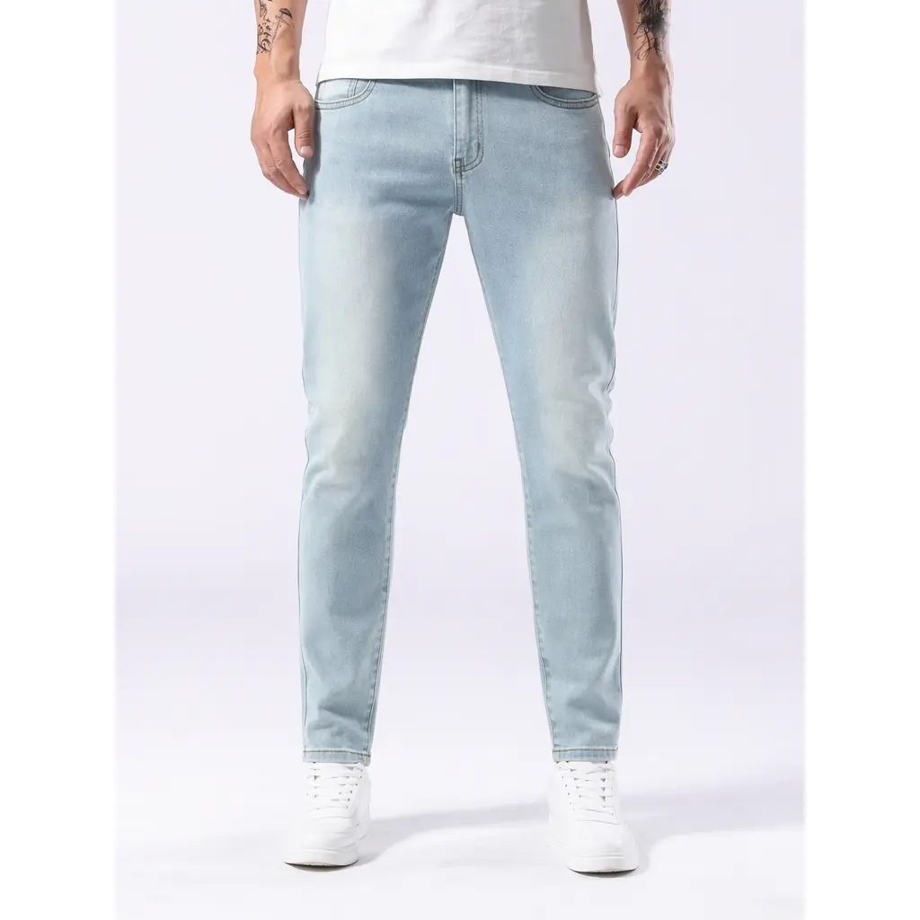 Men's Light Wash Vintage Faded Straight Leg Denim Jeans - Mid Rise Relaxed Fit 5-Pocket Stretch Cotton Pants, All Season Faded Whisker Soft Stretch Taper Jeans, Machine Wash Daily Basic Streetwear Trousers For Outdoor Urban Use