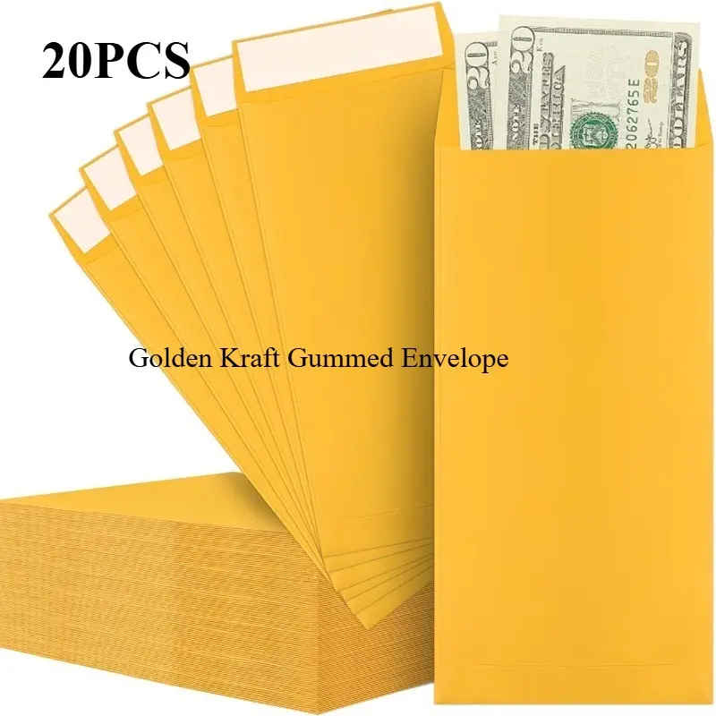 20PCS Golden Kraft Gummed Envelope, Mailing Envelopes, Versatile Retro Style, Glue Protected by Release Paper, Widely Used for Office Document, Bill & Letter Packaging