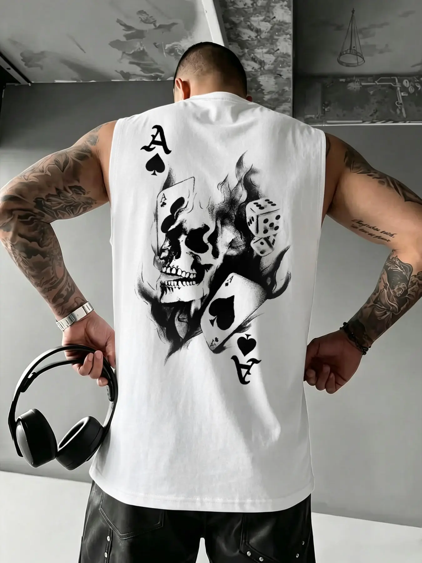 Men's Summer Poker Spade Skull Print Round Neck Sleeveless T-Shirt, Casual Outdoor Street Style Vest, Muscle Singlet, Ideal for Sports and Fitness