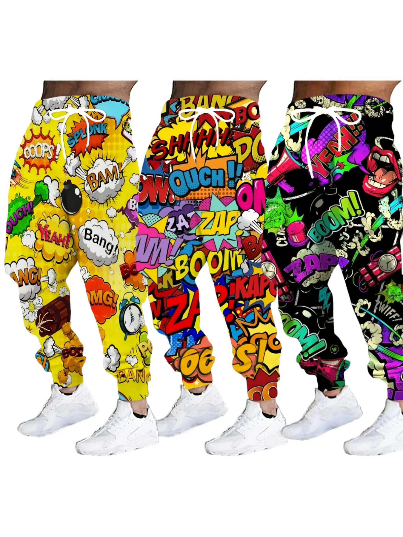 3-Pack Men's American Pop Cartoon Sweatpants, Base Explosive Bubble Multicolor Impact Letters, Base Lip Graffiti All-Over Print