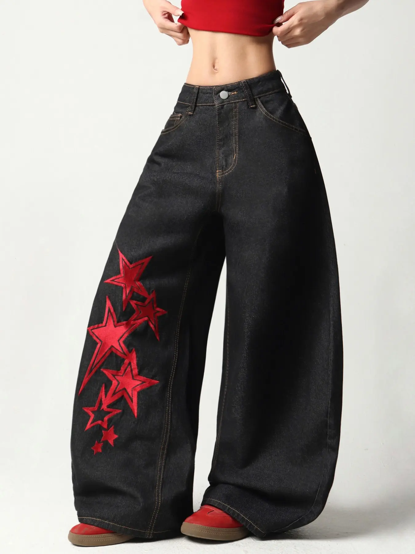 Women's High Waist Denim Jeans, Thread Star Embroidery, Y2K Street Style, Loose Fit, Baggy, Oversize, All Seasons, Casual & Streetwear