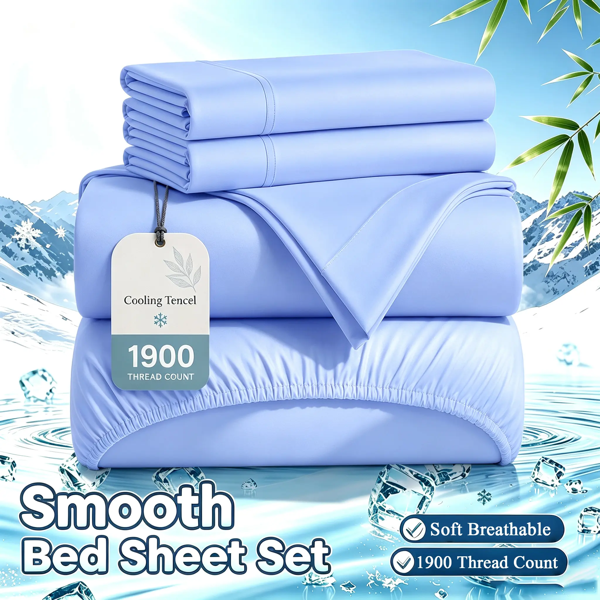 OS OMYSTYLE Ice Cooling Sheets Set - Sky Blue Lyocell Sheets Set - Temperature Regulating, T/F/Q/K - Breathable & Skin-Friendly, Kids Fitted Sheet, Flat Sheet and Pillowcases - Super Soft, Wrinkle Free - Perfect Gift For Cooling Sleep
