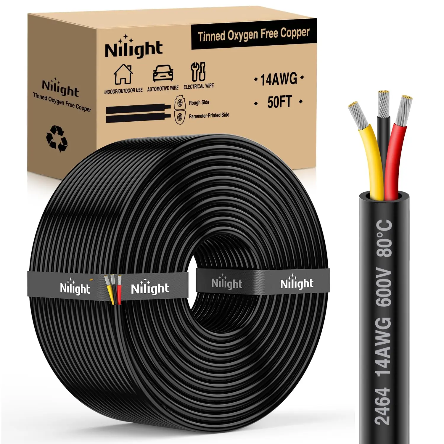 Nilight 50FT 14AWG 3-Conductor Highly Conductive Tinned Copper Electrical Wire, Red-Black-Yellow Parallel Conductive Wires, Flame-Retardant Flexible PVC Case, 600V DC Direct Burial Extension Cord with Heat Shrink Tube & Cable Tie for Car LED Strips