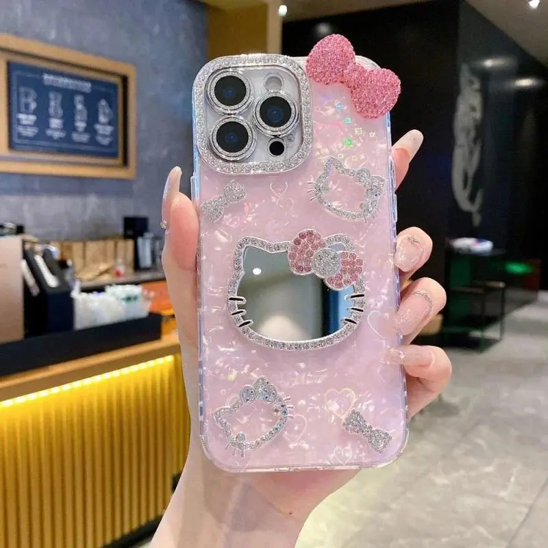 Cat Mirror Butterfly Knot Shell Pattern Phone Case For iPhone 12 13 14 15 16 17 Pro Max Plus Drop-Proof Protective Cover