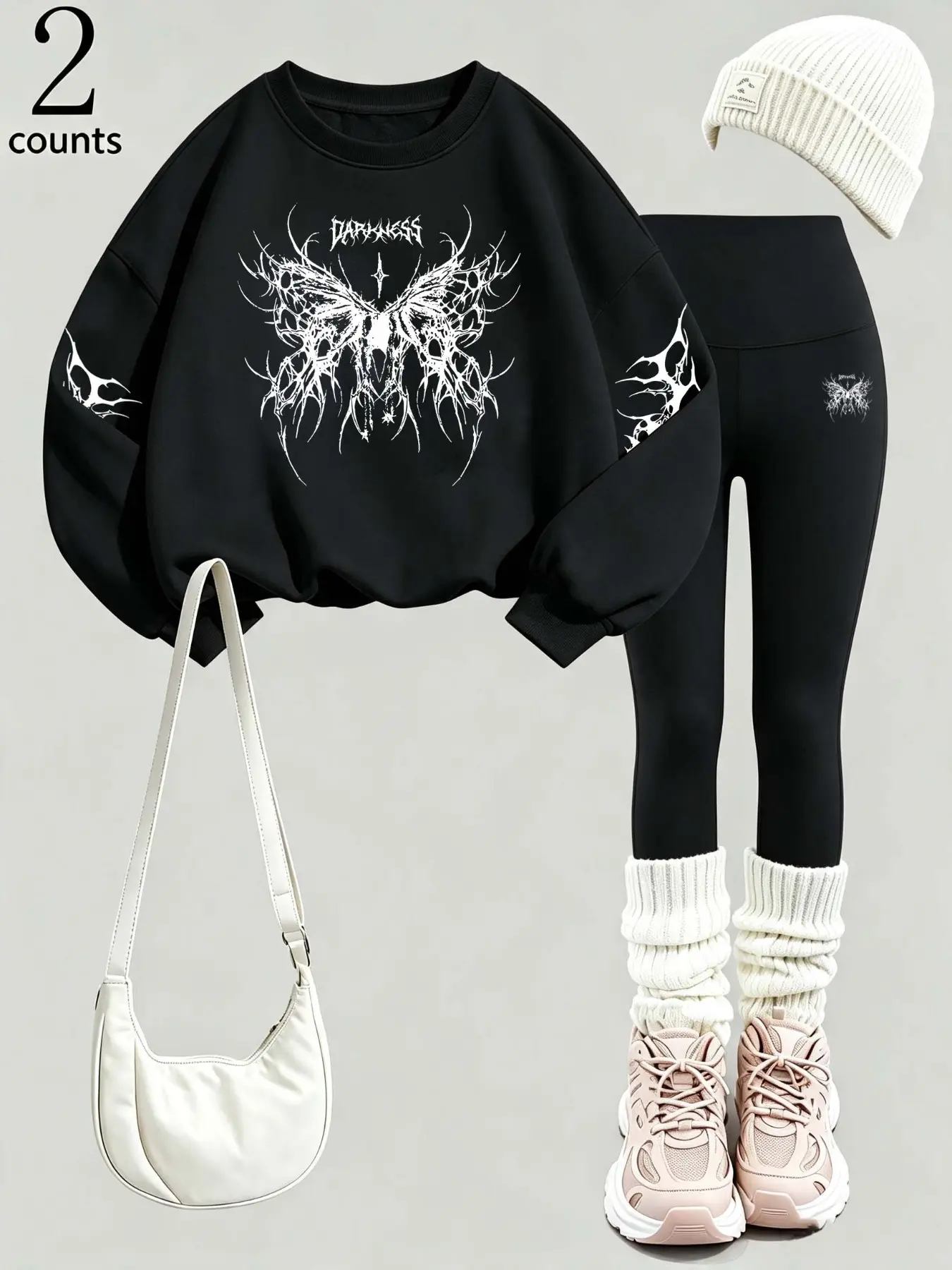 2 Piece Set Women's Fall Winter, Gothic Y2K Style, Butterfly Print Sweatshirt & High Waist Pants, Comfortable Casual Wear