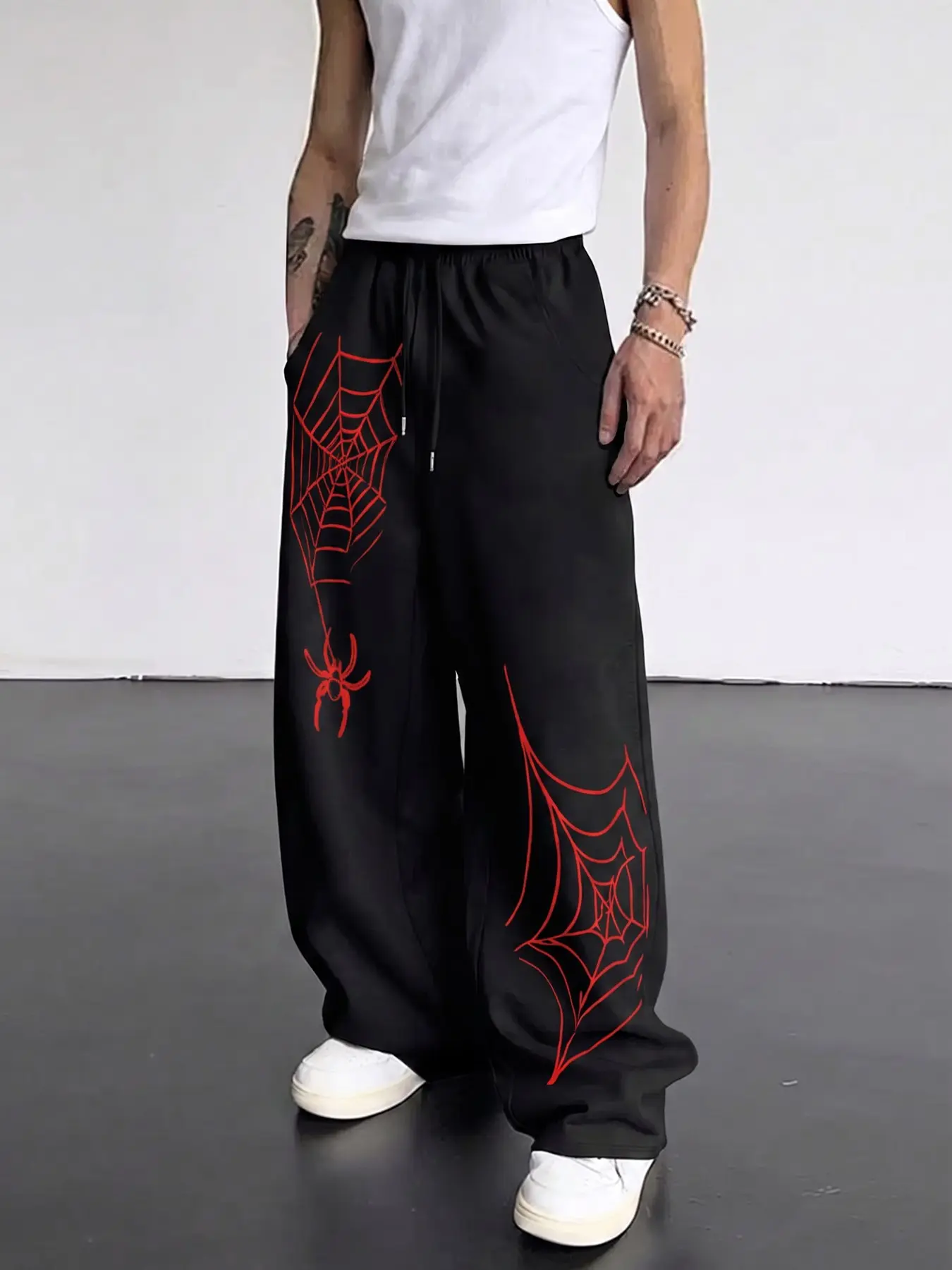 Men Women Red Spider Web Print Wide Leg Sweat Pants Elastic Drawstring Loose Baggy Trousers Goth Y2K Streetwear Casual Hip Hop Bottoms With Pockets