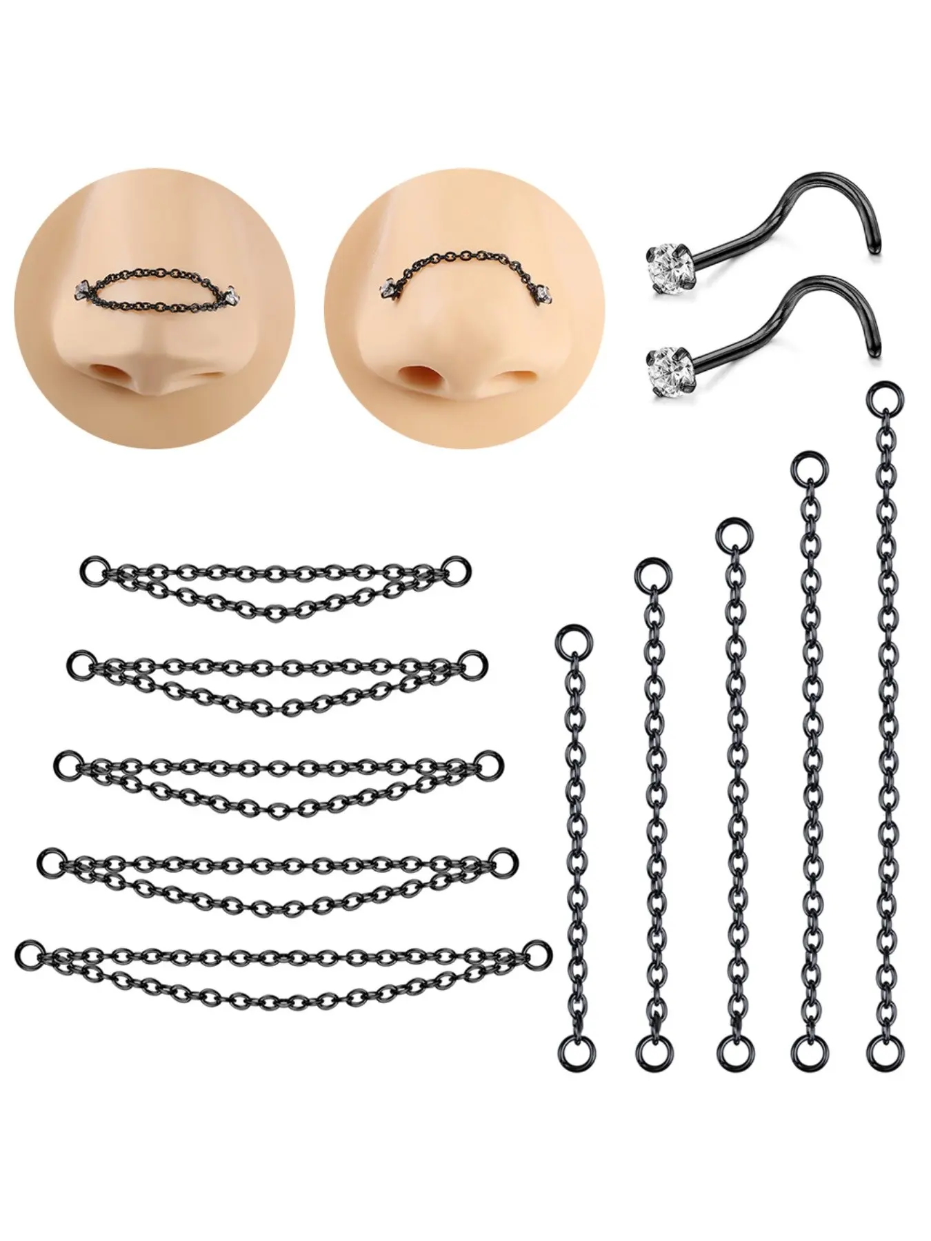Black Plate Nose Chains Set Nose Rings Studs Decorate Stainless Steel Nostril Chain Helix Tragus Piercings Tassel Body Piercing Jewelry For Women And Men