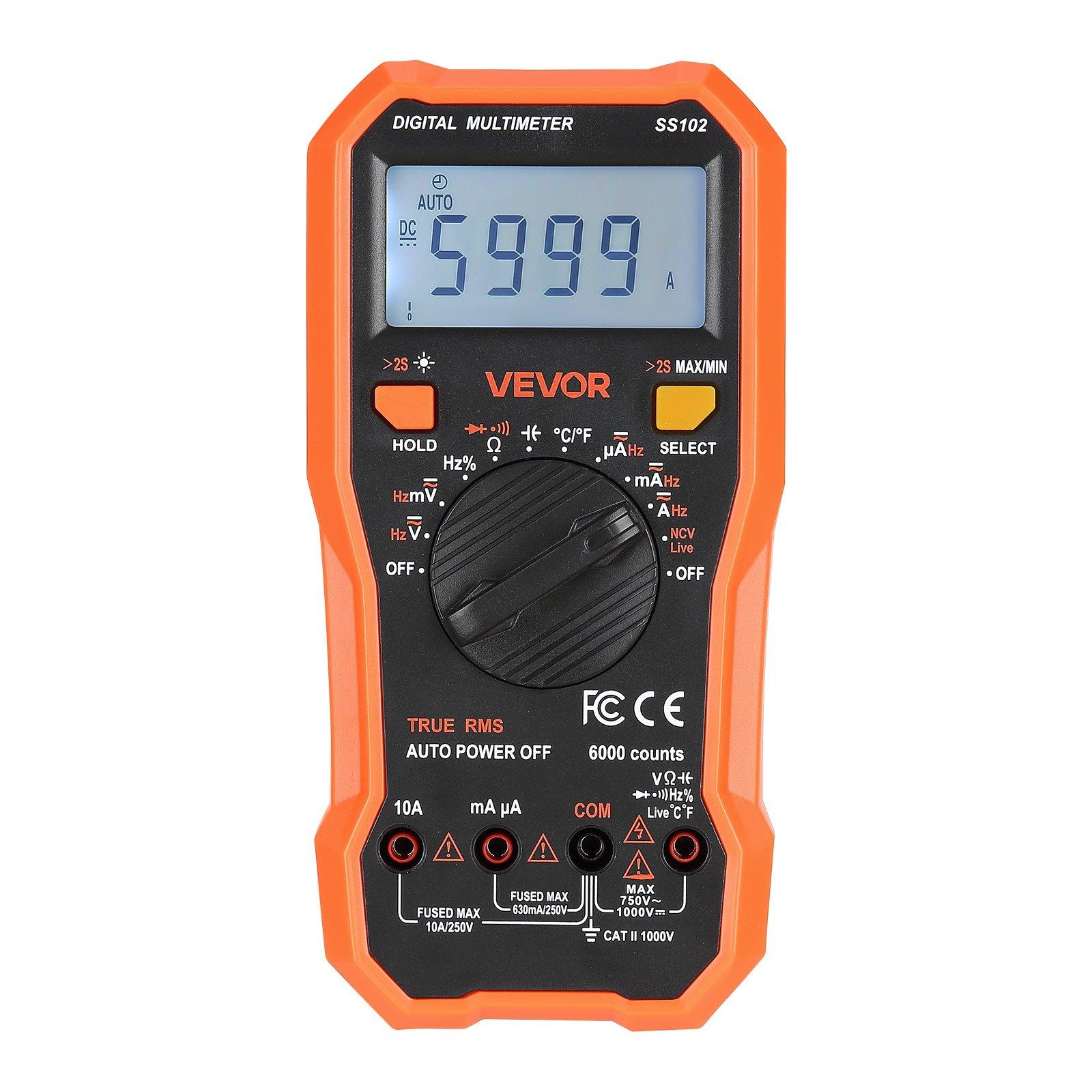 VEVOR Digital Multimeter, 6000-Count TRMS DC/AC Voltmeter Current Tester, Professional NCV Multimeter for Current Voltage Resistance Capacitance Duty-Cycle Tempetature Diodes Continuity Live Wire Test VEVOR Digital Multimeter, 6000-Count TRMS DC/AC Voltmeter Current Tester, Professional NCV Multimeter for Current Voltage Resistance Capacitance Duty-Cycle Tempetature Diodes Continuity Live Wire Test
