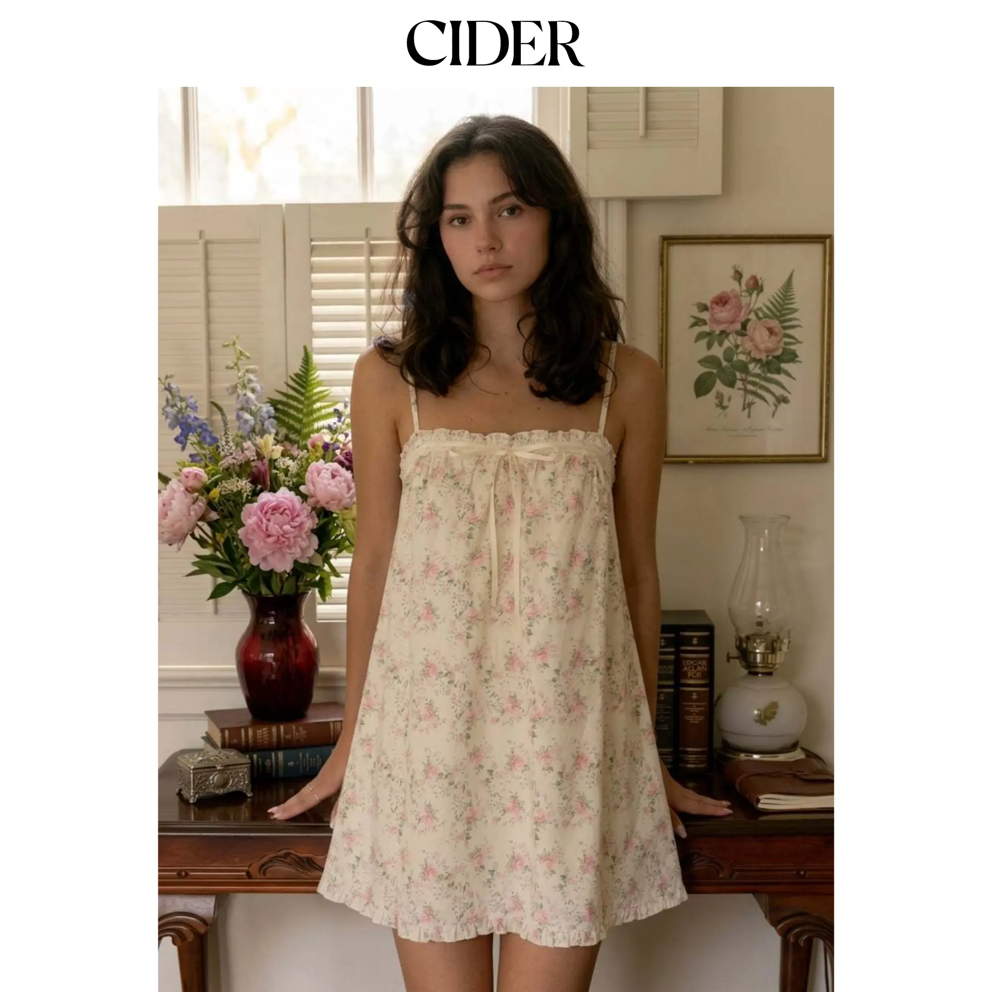 Cider Cotton Floral Square Neck Bowknot Lace Trim Ruffle Hem Mini Nightdress