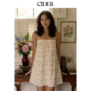 Cider Cotton Floral Square Neck Bowknot Lace Trim Ruffle Hem Mini Nightdress