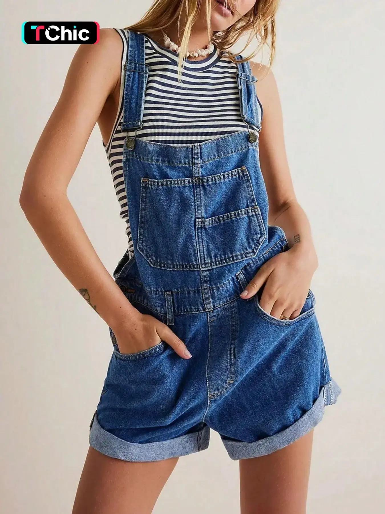 Women's Casual Everyday Medium Wash Denim Overalls Bermuda Shorts, Non-Elastic, with Pockets, Comfortable Summer, Trendy Ladies' Short Pants