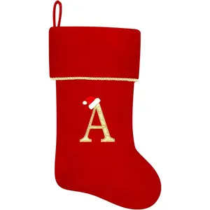 20 Inches Personalized Initial Monogram Red Large Embroidered Letter Velvet Christmas Stocking with Gold Trim for Family Christmas Holiday Party Decor (Letter A)