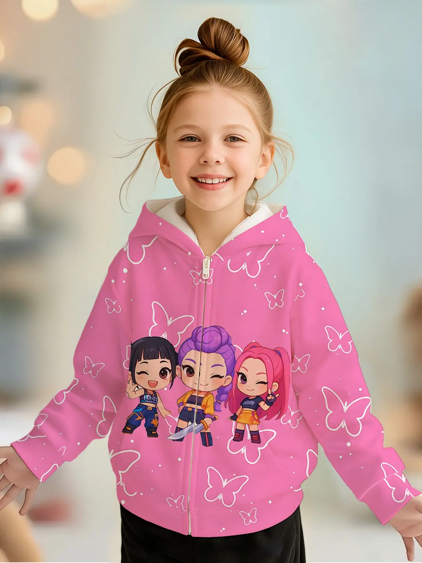 Girls' Spring Fall Zipper Hoodie Jacket, Butterfly Cute Cartoon Print, Long Sleeve Loose Fit, Perfect for Christmas Gifts