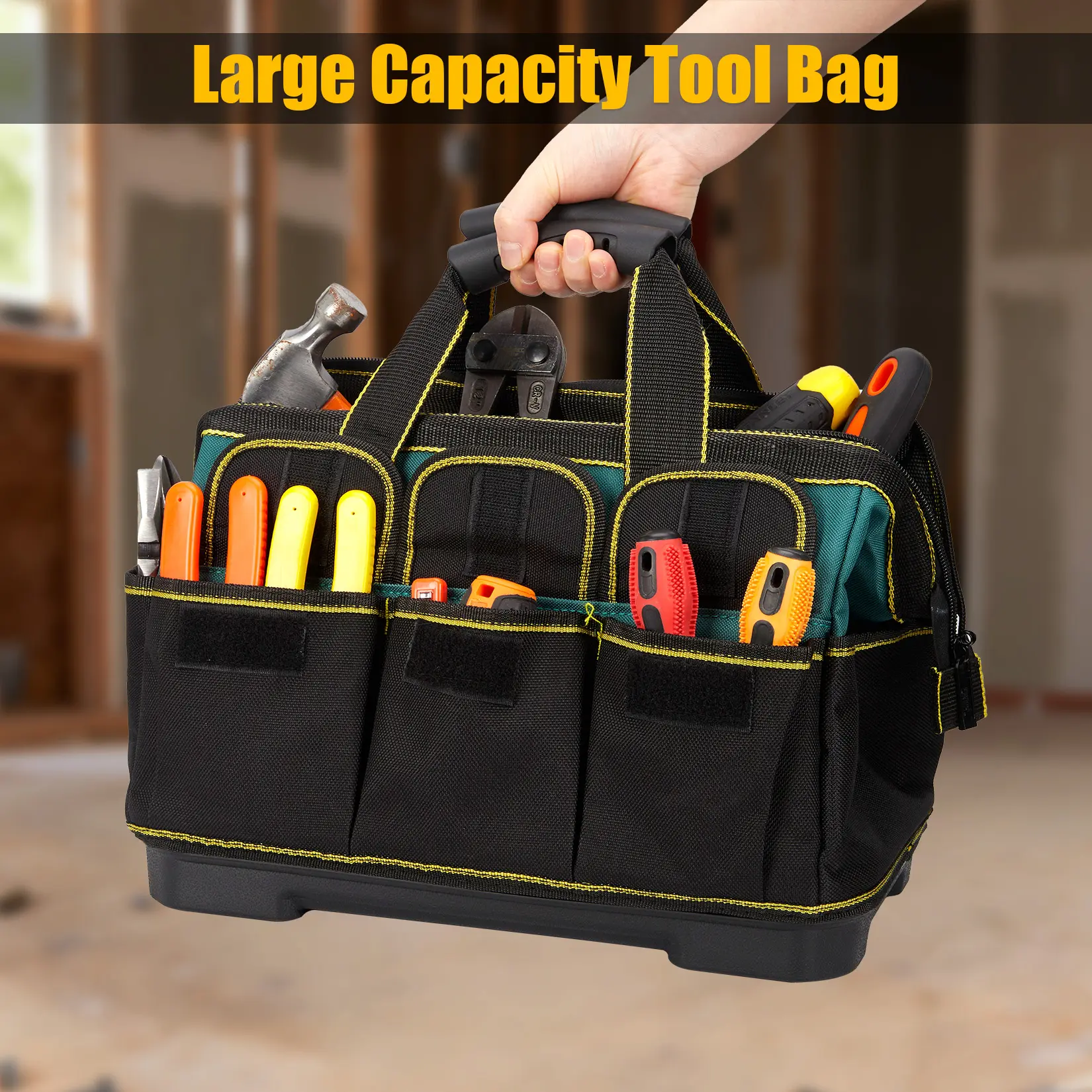 Heavy Duty 17 Inch Tool Bag - Waterproof 900D Oxford Wide Mouth Tote with Molded Base, Multi-Pockets, Adjustable Shoulder Strap, Padded Handle - Portable Organizer for Electricians, Carpenters, Mechanics, Handymen