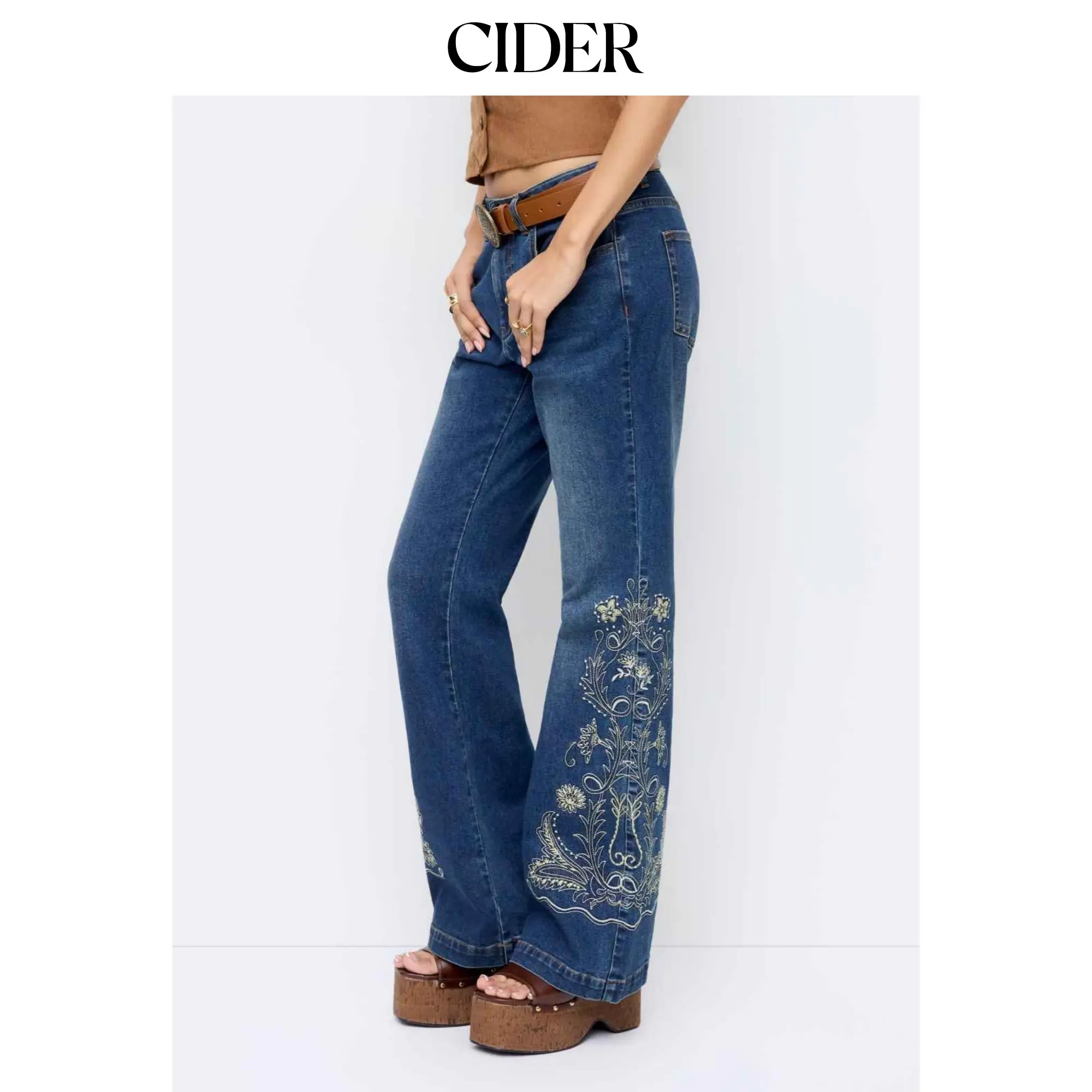 Cider Stretch Denim Floral Embroidery High Rise Flared Trousers