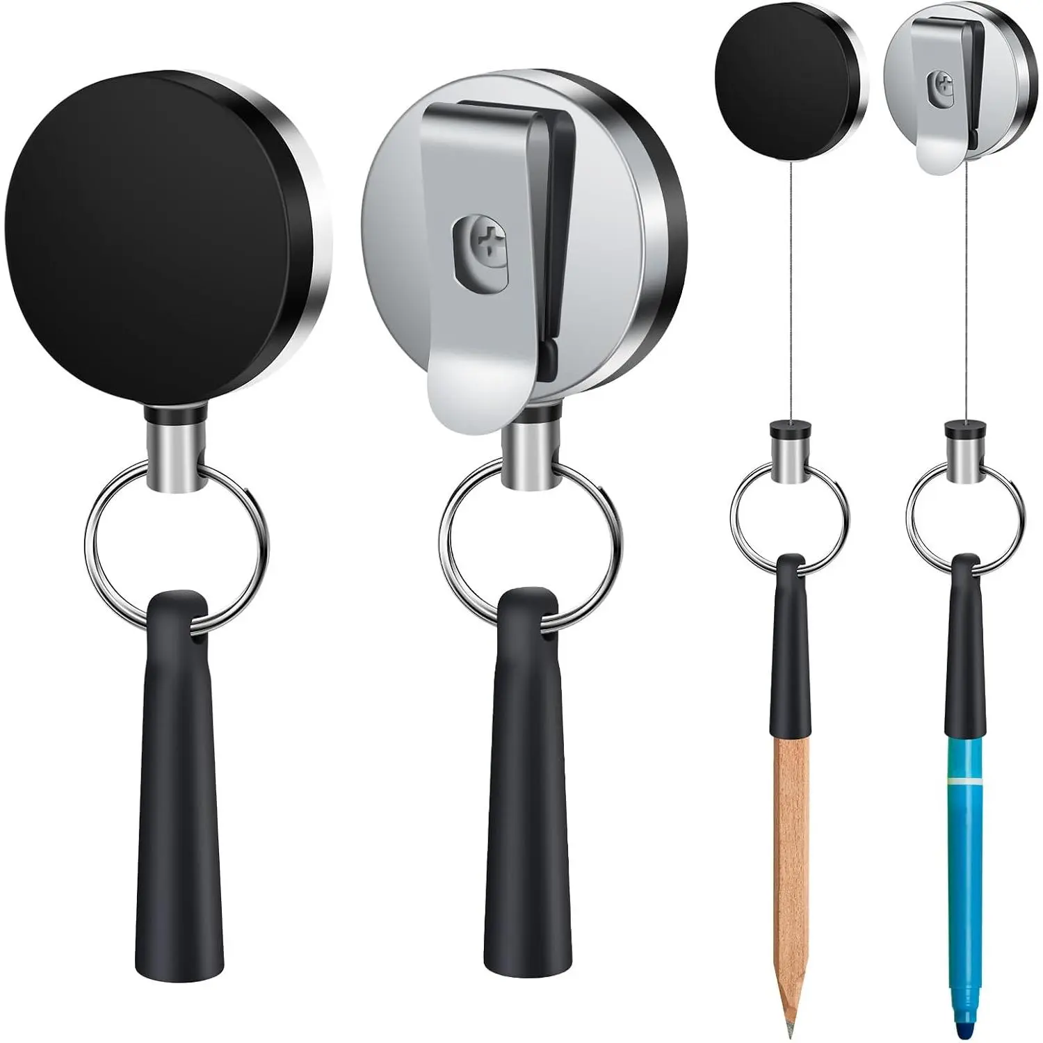 2-Pack Heavy Duty Retractable Holder with Grip - Organize Tools, Pens/Pencils; Flexible Grip Fits Carpenter Utensils, Markers, 31.5" Steel Wire Cord, Belt Clip for Quick Access