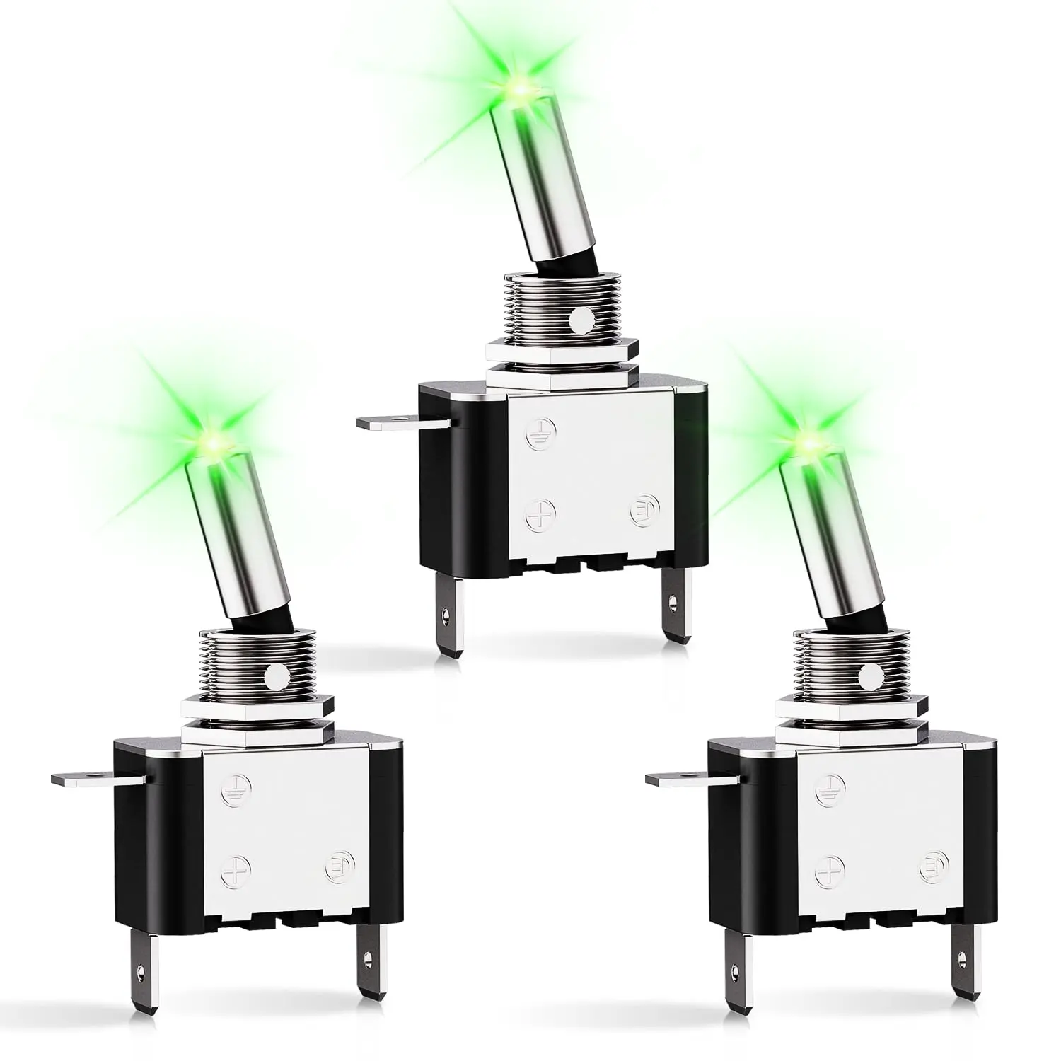 Nilight 3PCS Green LED Rocker Toggle Switch Set Pack - 12V 20A, 3-Pin 2-Position SPST, High Cycles, Heavy Duty, On/Off Control for Automotive Users (Auto, Marine)