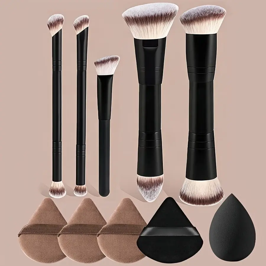 10-Piece Dual-Ended Makeup Brush Set, Soft Fiber Bristles, Ideal for Loose Powder, Eyeshadow, Blush, Concealer, Includes Beauty Sponge, Brush Kit