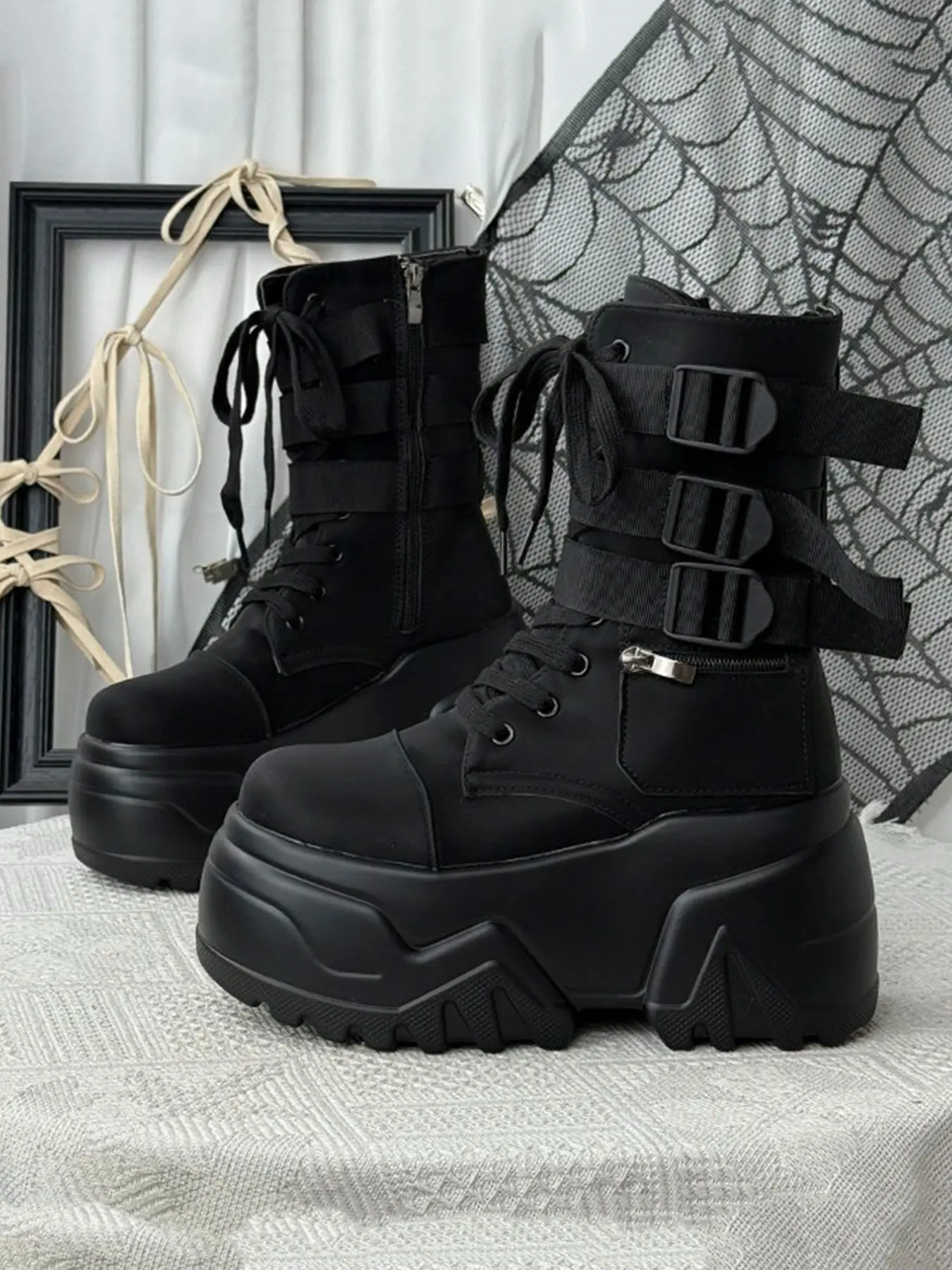 Punk Thick Sole Work PU Leather Boots for Women, Multi-Lace Design, Height-Boosting, Anti-Slip, Stylish High Top Boots, Trendy and Cool