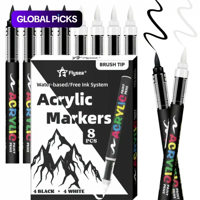 Acrylic Paint Pens, Auto Flow Ink System, Soft Brush Tip Markers, Black and White Art Marker Set, for Canvas, Rock, Wood, Stone, Glass, Ceramic & Fabric Painting, Drawing Tools, DIY Crafts #GLOBAL PICKS