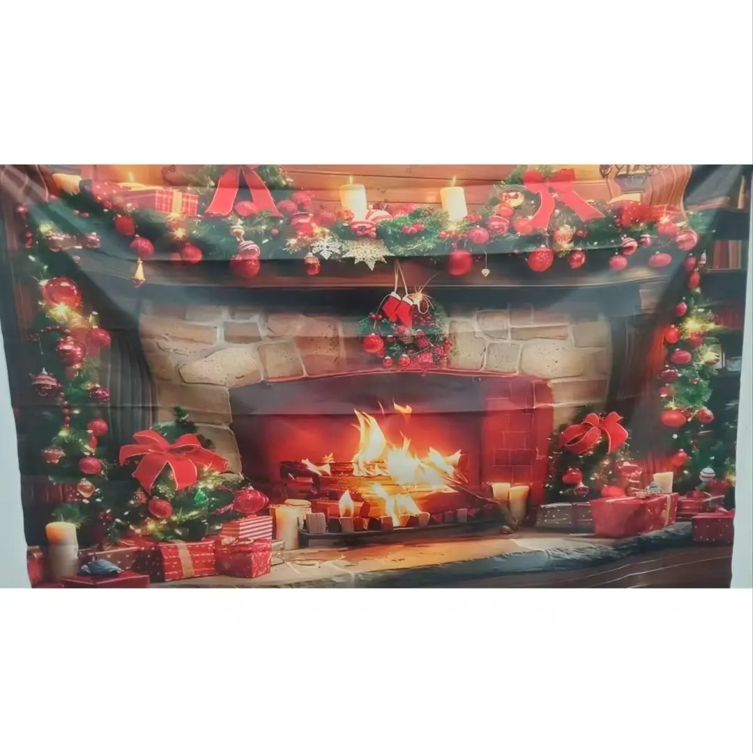 Christmas Fireplace Background Fabric Banner, 1 Count Christmas Party Decoration, Photo Booth Background, Wall Hanging Backdrop, Indoor Backdrops, Home Decoration, Garden Decoration, Ornaments, Party Decorations Banners