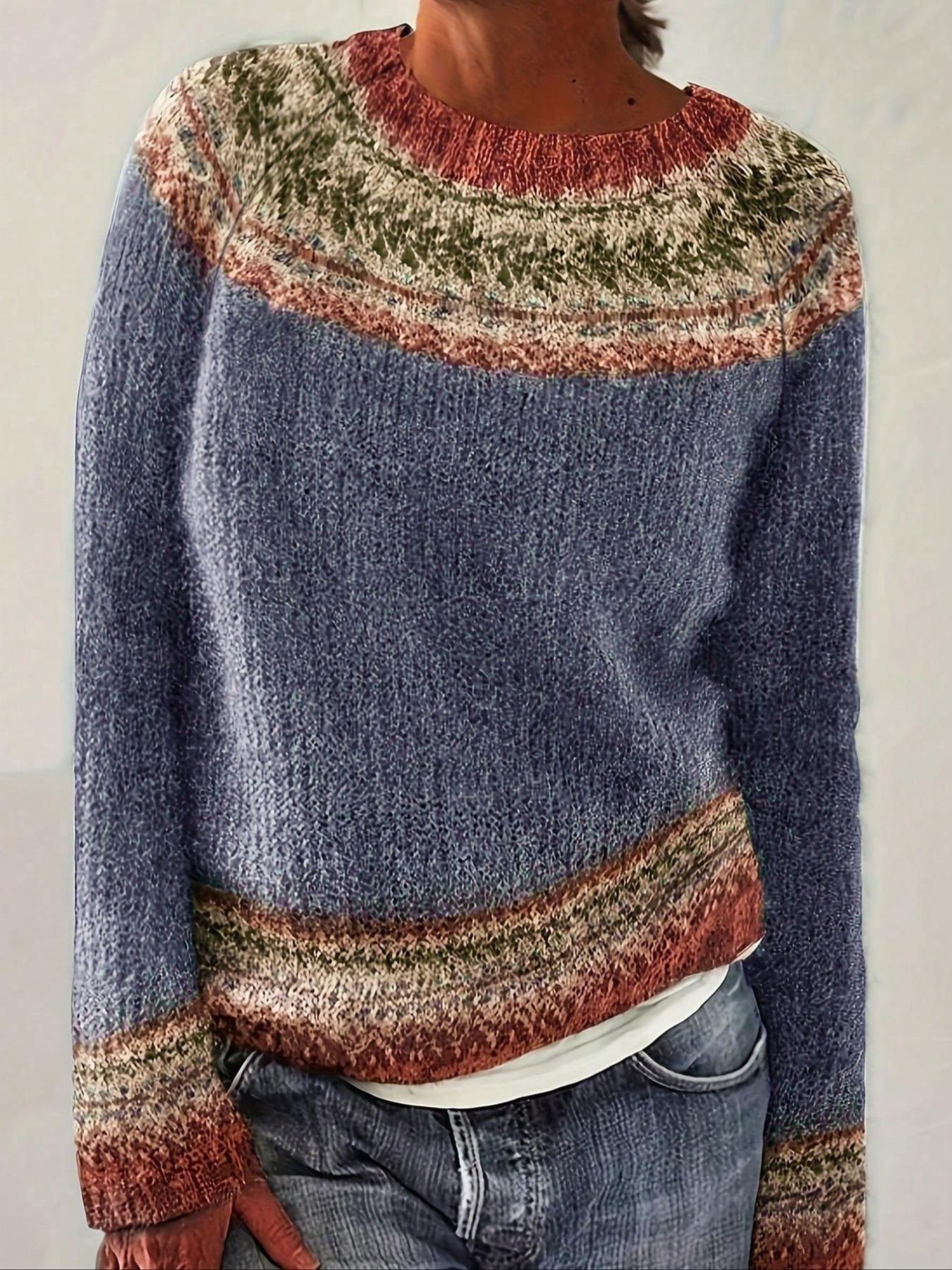 Women's Ethnic Pattern Raglan Sleeve Sweater, Casual Long Sleeve Round Neck Jumper for Fall & Winter, Fashion Ladies' Knitwear for Daily Wear Tops, Womenswear