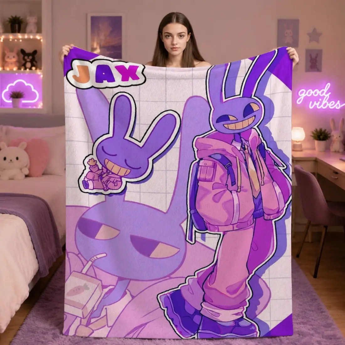 Jax Purple Rabbit Digital Circus Character Blanket - Super Soft Flannel, Wrinkle-Resistant, All-Seasons Warm Throw for Living Room House Decor, Funny Game-Themed Gift for Cartoon Game Fans