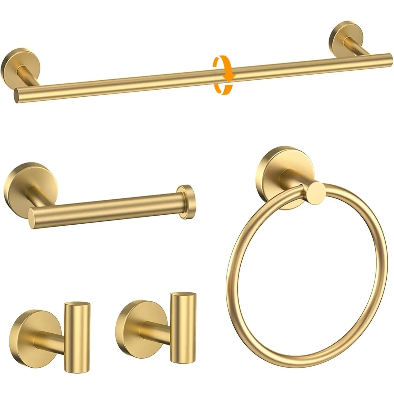 Brushed Gold 5-Piece Round Bathroom Hardware Set with 23.6" Towel Bar, Towel Ring, Toilet Paper Holder, Towel Hooks - Stainless Steel Wall MountGift