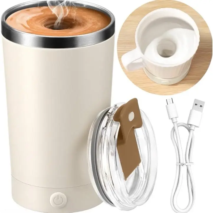 Self Stirring Coffee Mug With Lid Electric High Speed Self Stirring Mug 400ml Rechargeable Detachable Stainless Steel Self Stirring Cup for Coffee, Milk, Cocoa Christmas (Beige)